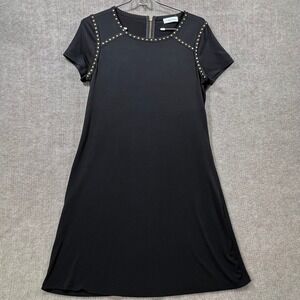 Calvin Klein Black Short Sleeve Studded Neck Shift Dress Gold Zipper